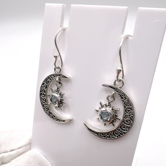 Genuine Blue Topaz .925 Sterling Silver Moon and Sun Earrings - Picture 6 of 14